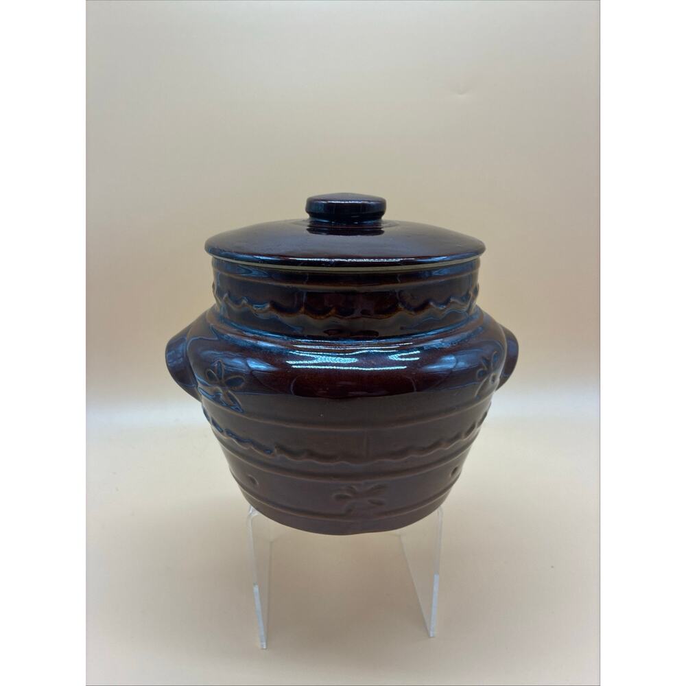 Marcrest Stoneware Daisy Dot Brown Glazed Oven Proof Crock Bean Pot /Lid USA VTG